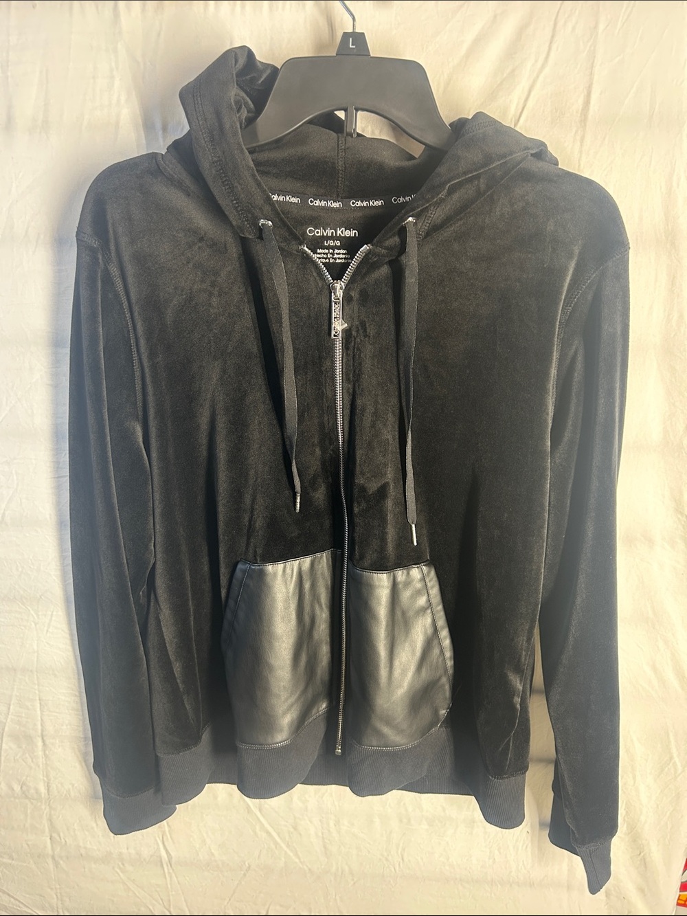 Calvin Klein Black Velour Zip Hoodie with Leather-Look Pockets
